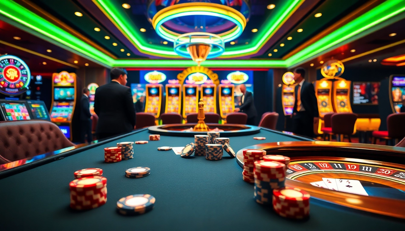 Bet and win at https://789fcom.asia/ in a vibrant casino scene with poker tables and slot machines.