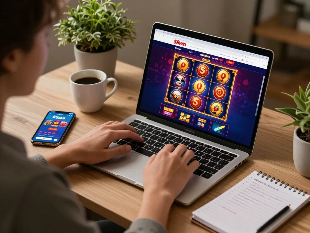 Engaged player using the 58win site for online gaming at a home desk, showcasing strategic gameplay.