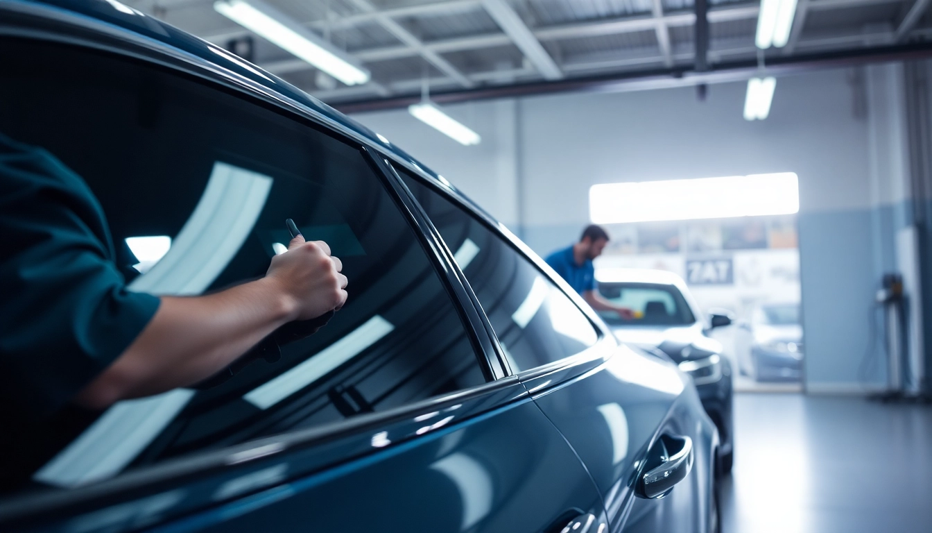 Technicians applying window tint Chattanooga on a sleek car in a bright garage.