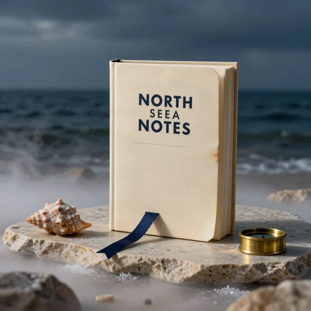 Sealed paperback with shell, bookmark, brass weight and limestone on a misty blue-hour surface.
