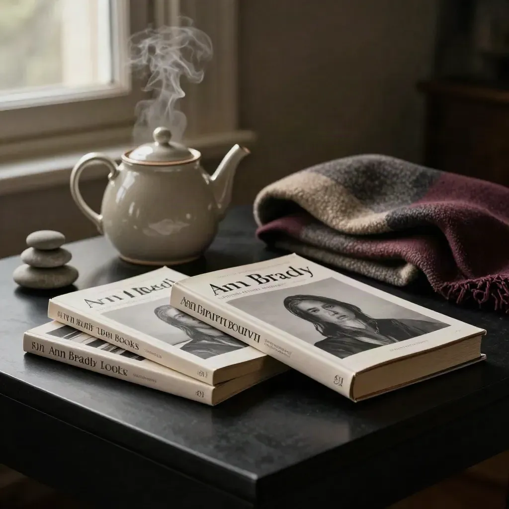 Signed copy book bundle with teapot, wool throw and stones on a dark studio plinth.