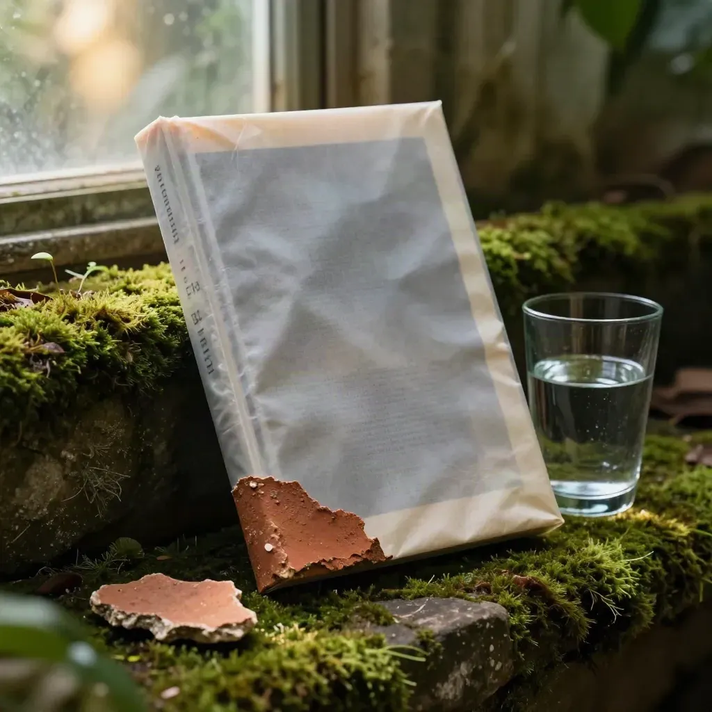 Wrapped paperback in moss, linen and terracotta beside water in humid greenhouse light.
