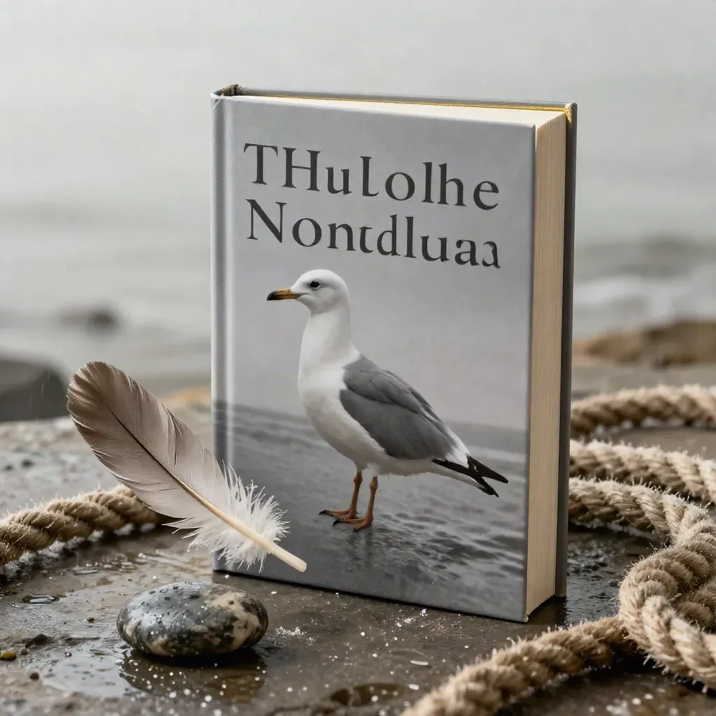 Damp paperback on wet stone with feather, pebble, rope and misty shorelight.