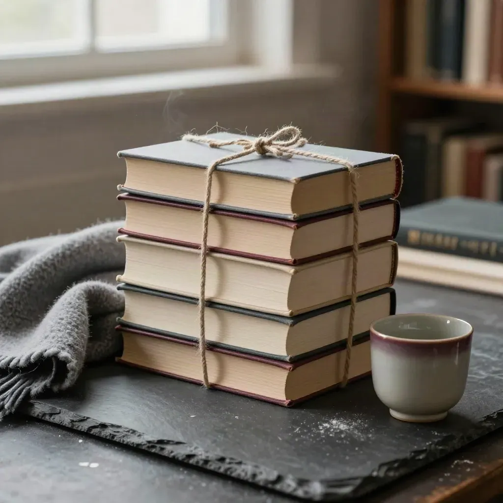 Stacked Ash Lane book bundle with slate, wool scarf and ceramic cup on a dark studio surface.