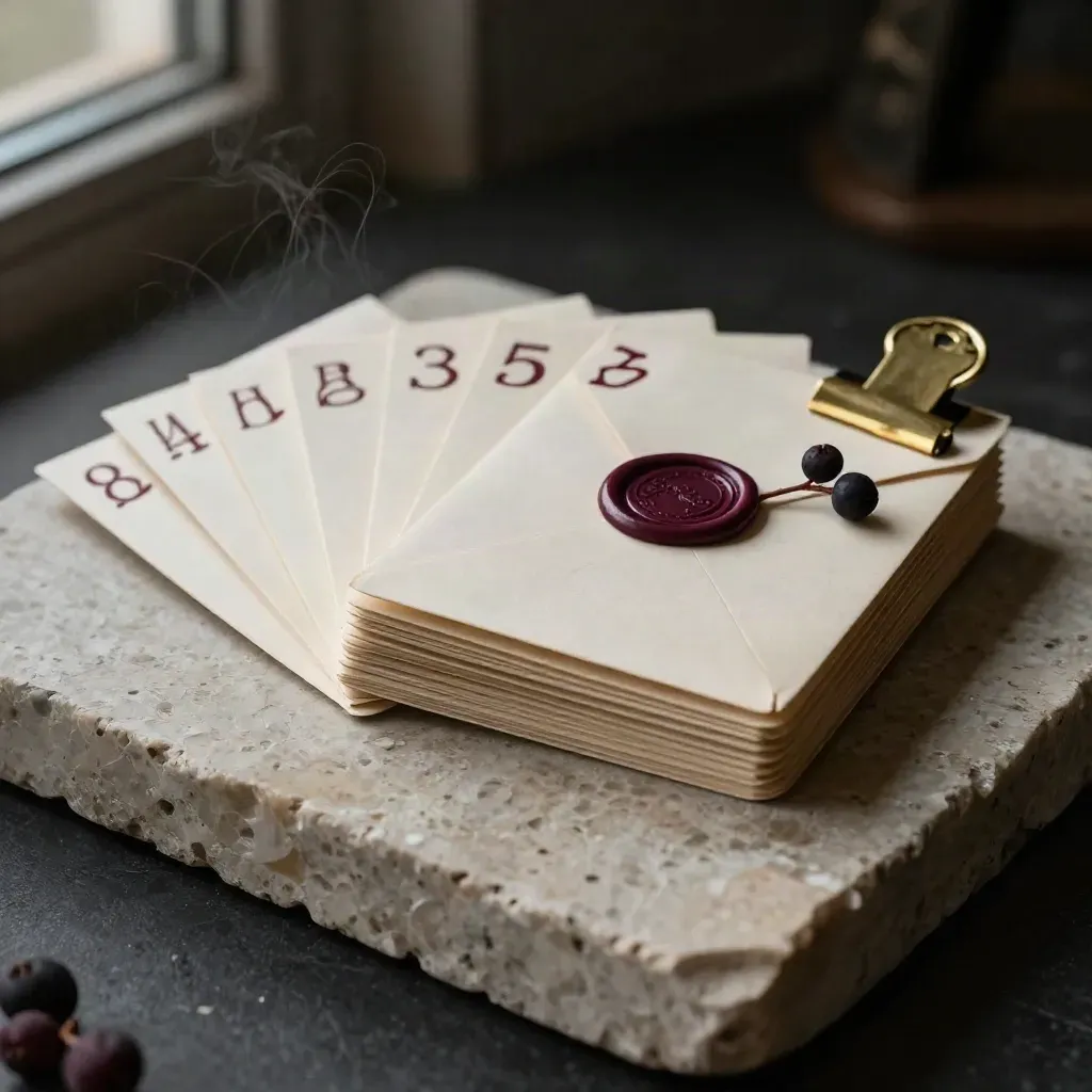 Six postcards fanned on travertine with a wax-sealed envelope, berry sprig, and brass clip.