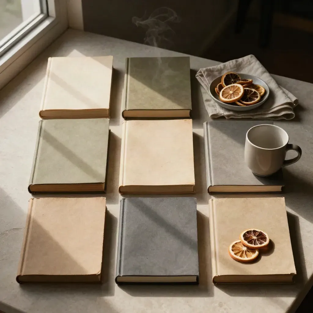 Overhead flatlay of five paperbacks, two cups, linen and dried citrus on pale stone.