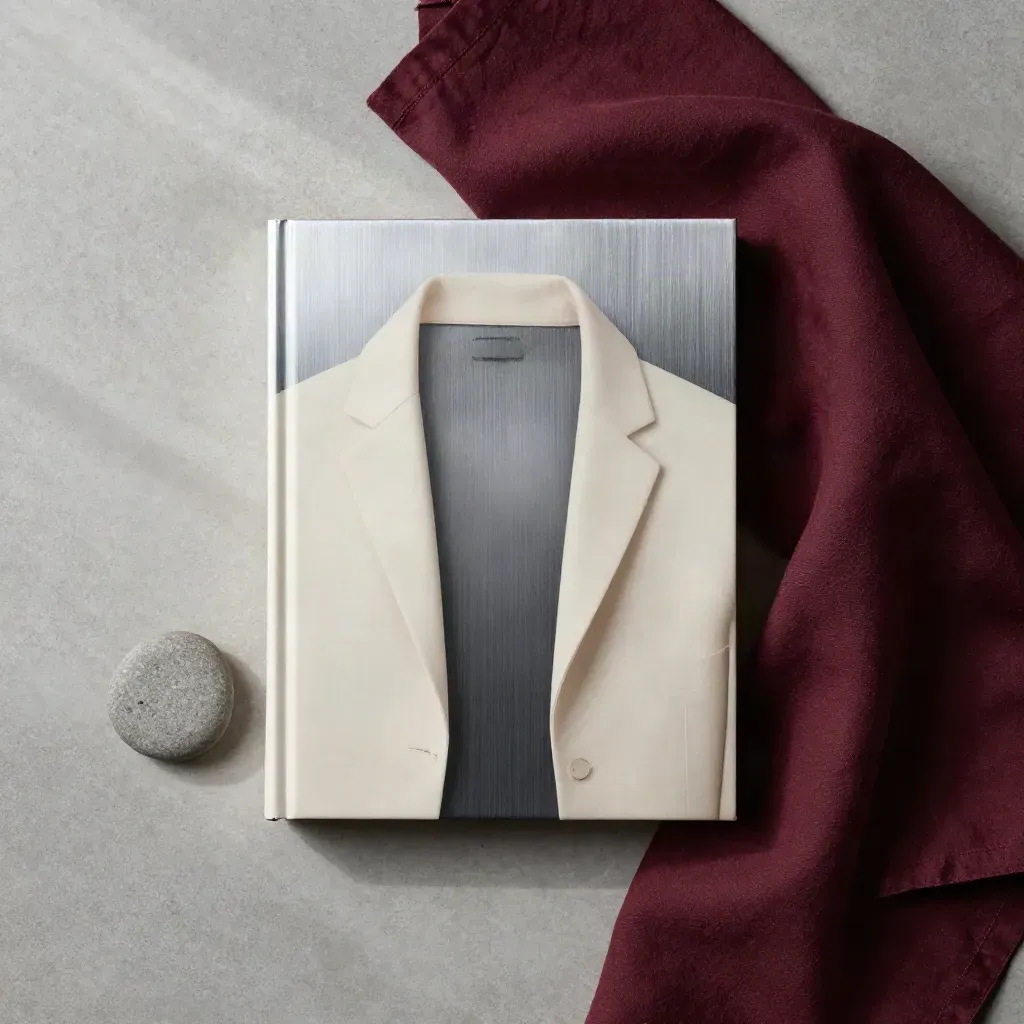 Overhead flatlay of a cream paperback with brushed steel, frosted glass, burgundy linen and a small stone.