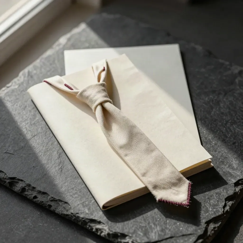 Cream author bio booklet with linen tie and bookmark on charcoal stone