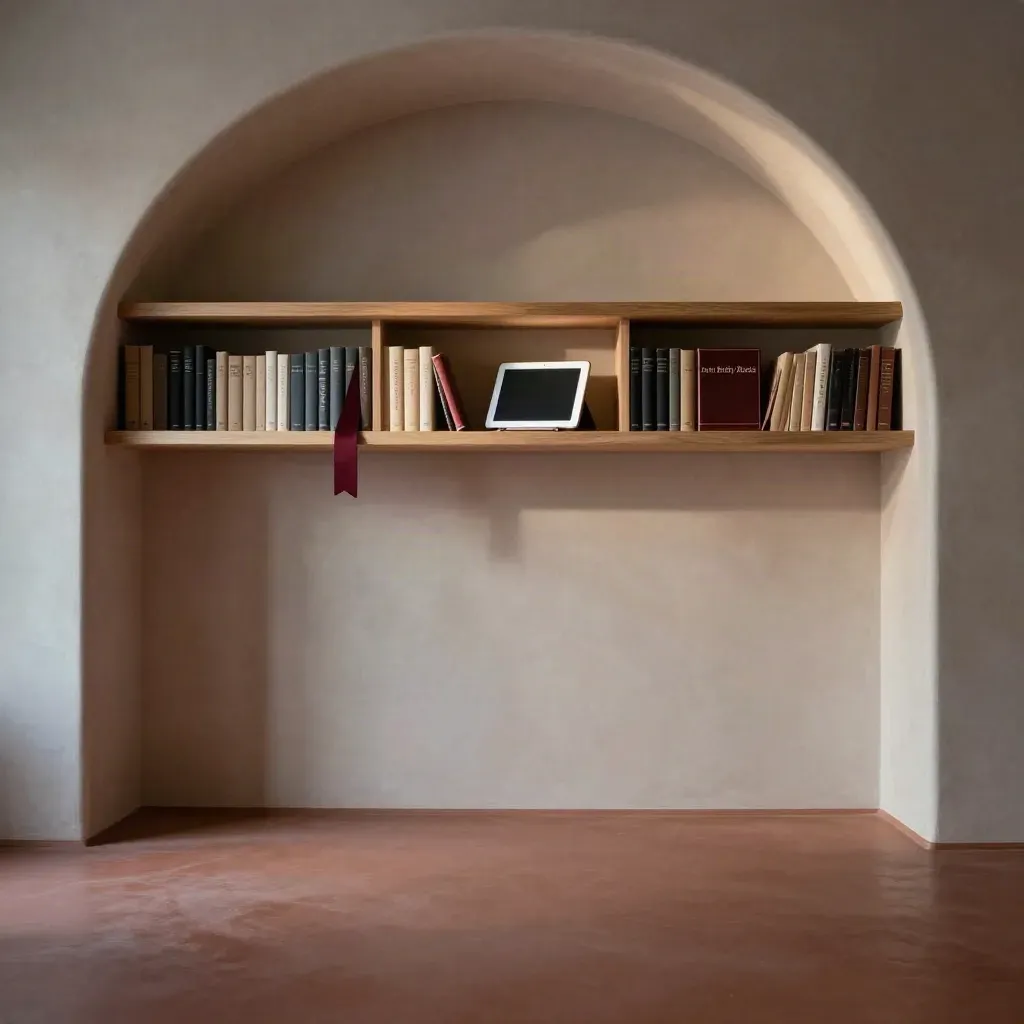 Minimal plaster arch alcove with glowing tablet, books on high shelves, and calm copy space