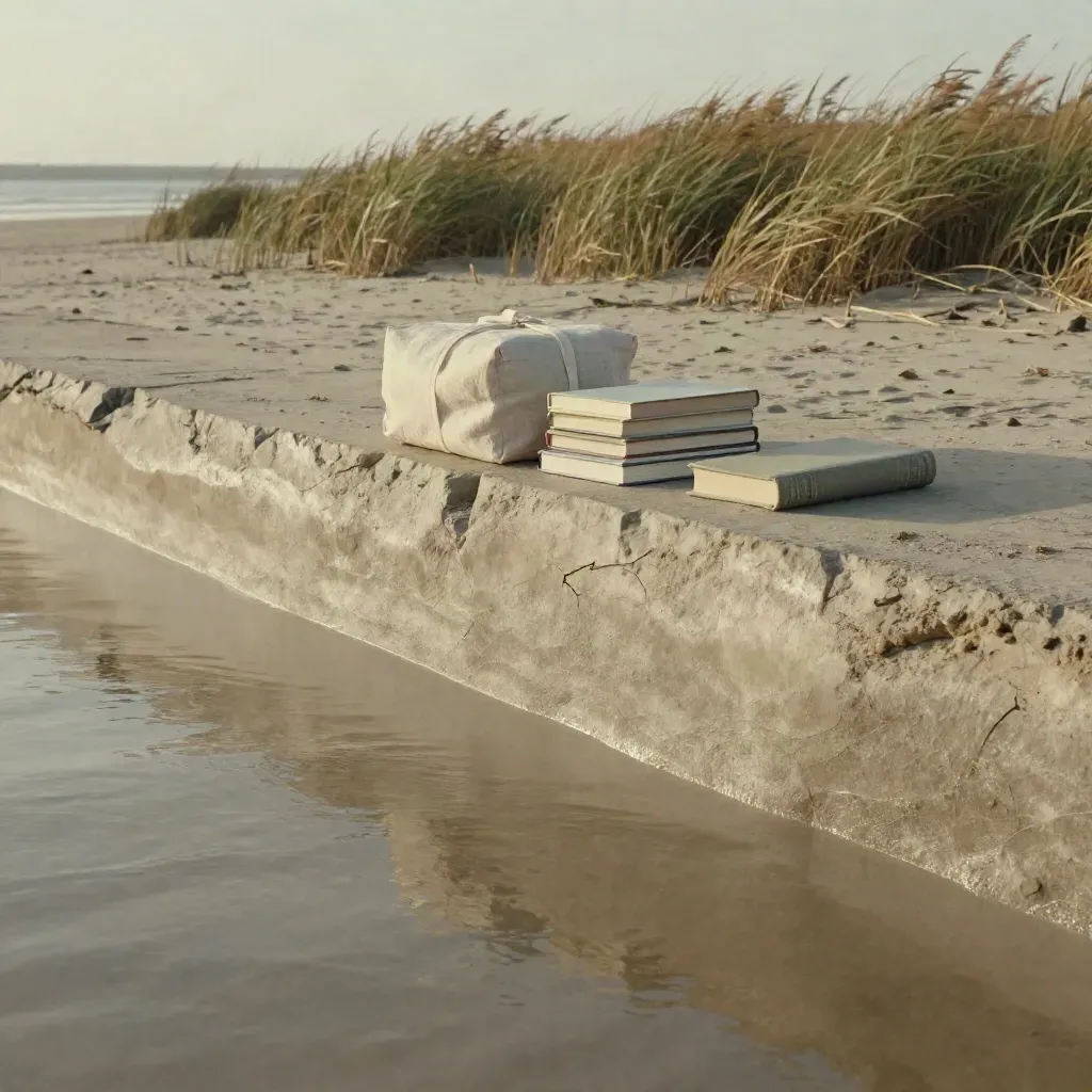 Estuary bank with linen-wrapped books, reeds and tide haze on sandstone at overcast dusk.