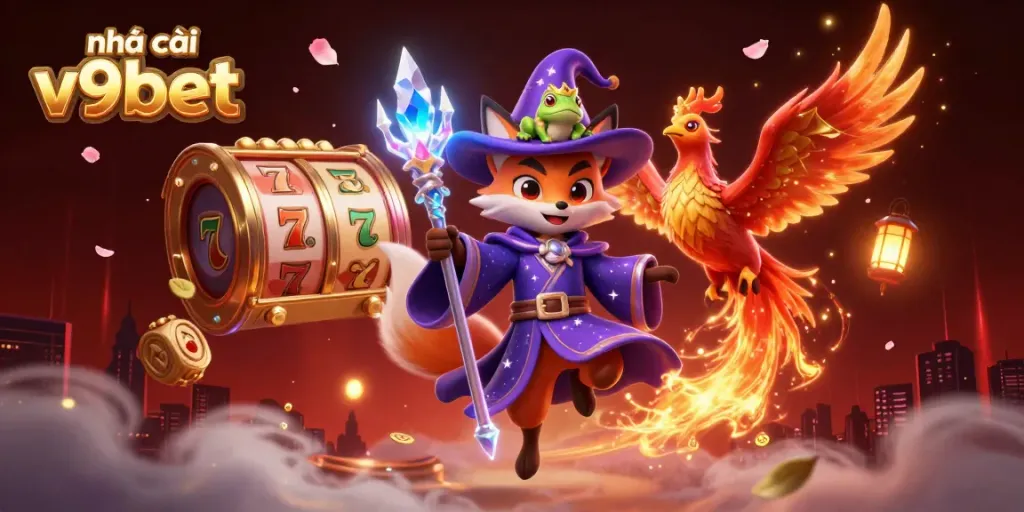 Engage with thrilling slots at nhà cái v9bet featuring enchanting characters and casino elements in a rich scene.