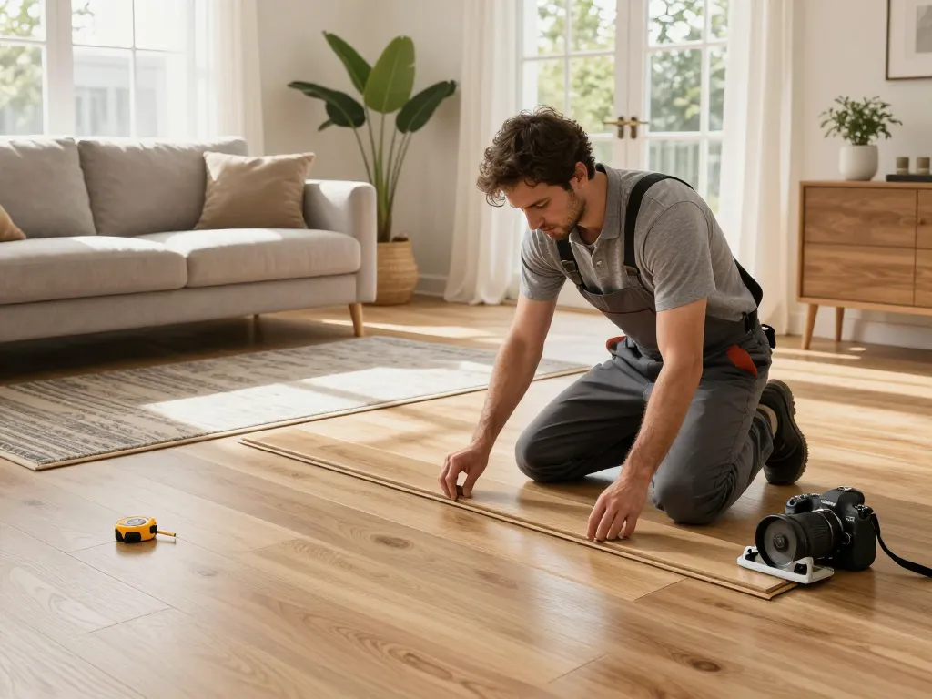Flooring specialists near me installing premium laminate flooring in a cozy living room.
