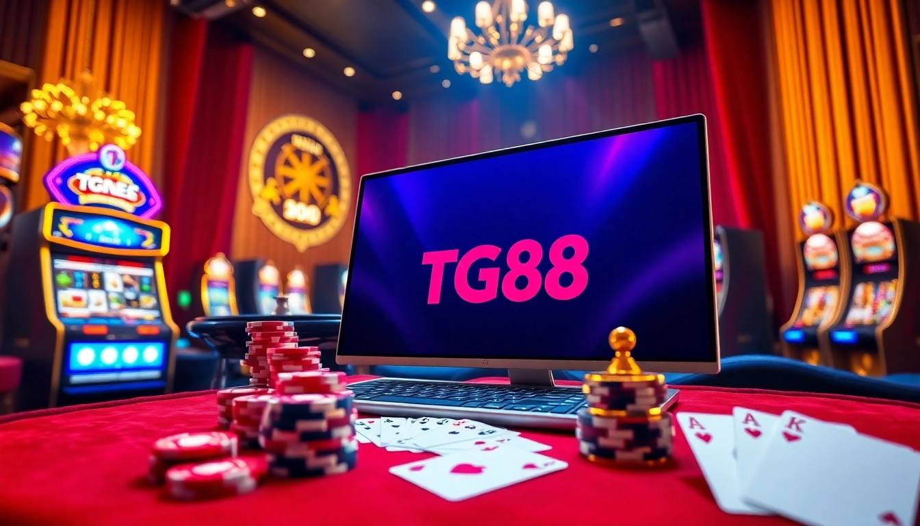 Play exciting games at TG88 online casino with vibrant poker chips and roulette wheels.