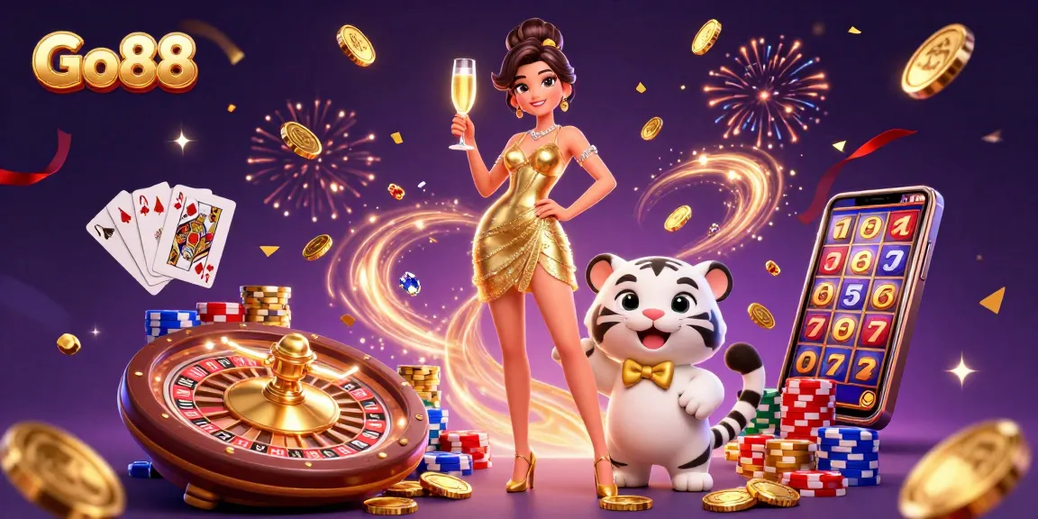 Experience excitement at Go 88 with glamorous characters celebrating casino wins amidst vibrant gaming elements.