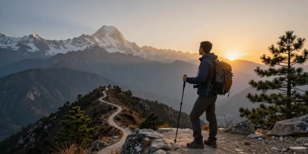 Vista panorámica del trek al Circuito Manaslu al atardecer, con viajero disfrutando de la naturaleza.