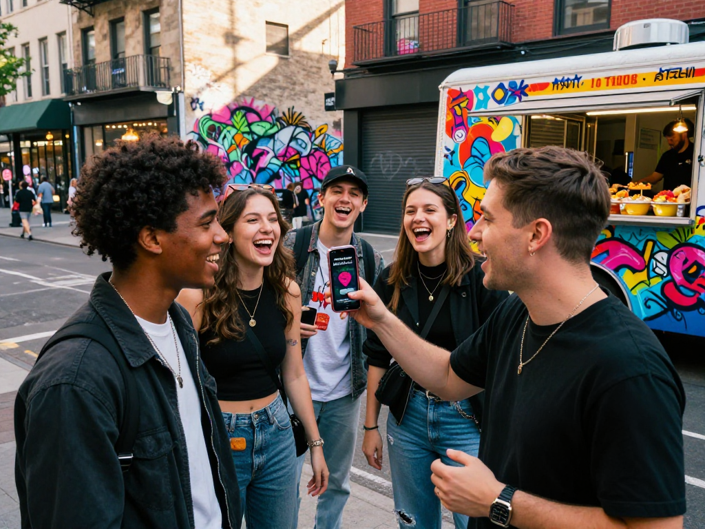 Young adults enjoying vibrant urban social life with nsfw app displayed on smartphone.