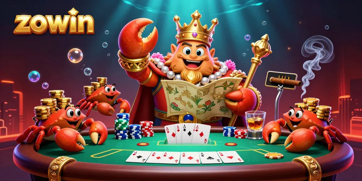 Zowin casino features a lively scene with the golden crab emperor amidst poker elements, emphasizing winning dynamics.