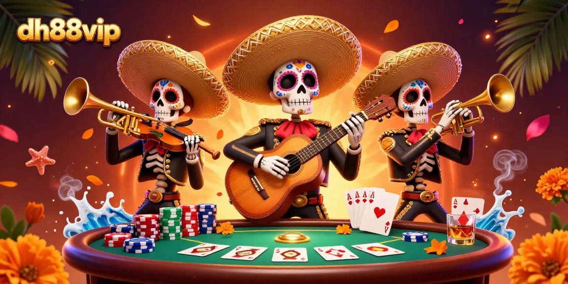 Engage with the thrilling dh88vip gaming experience featuring a vibrant mariachi band amidst a poker table setup.