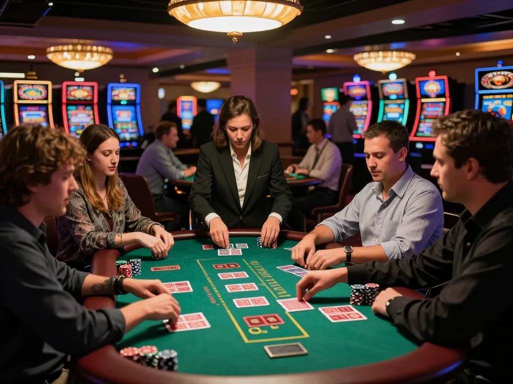 Players strategizing with cards during an intense blackjack game at 789WIN casino floor.