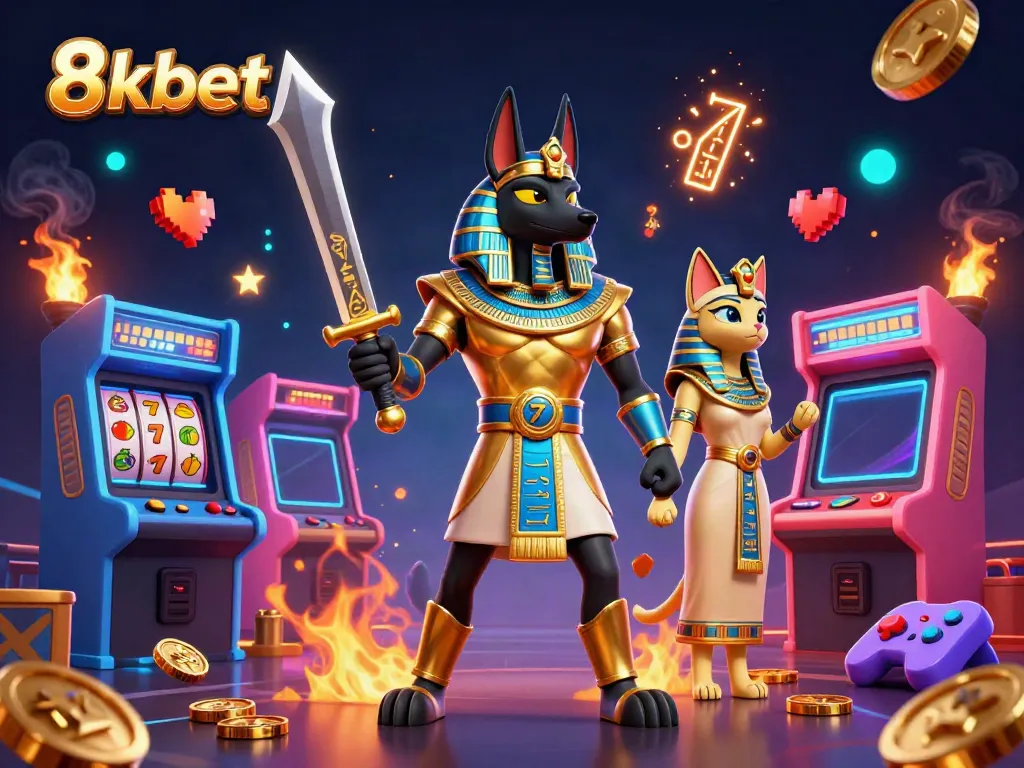 Experience thrilling gaming at 8xbet with vibrant arcade machines and renowned Egyptian characters.