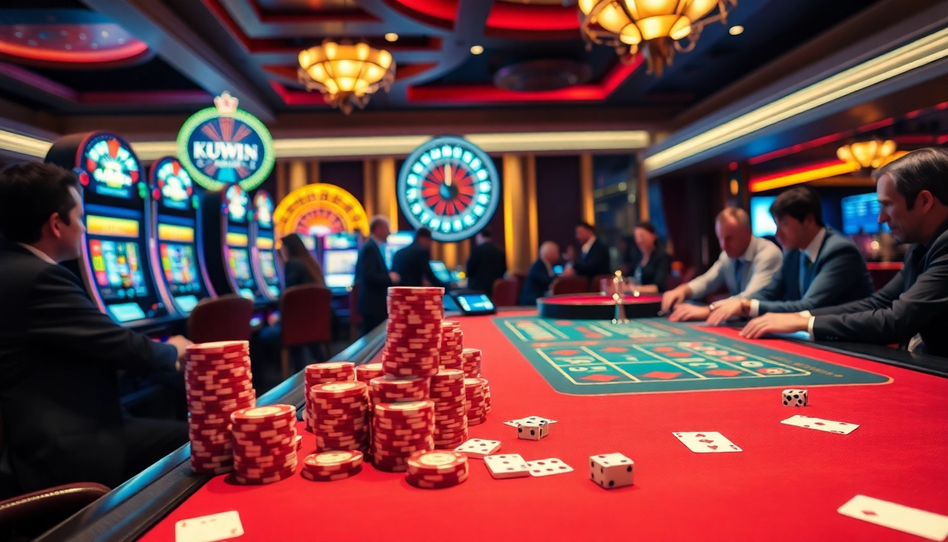 Kuwin 789 casino scene with vibrant poker chips and players engaged in blackjack action.