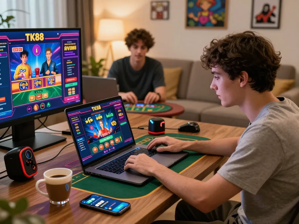 Players engaging in thrilling games on TK88 online gambling platform with lively visuals and interactive elements.