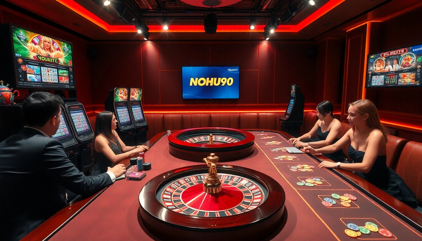 Players enjoying vibrant gambling excitement at NOHU90's online casino with colorful slots.