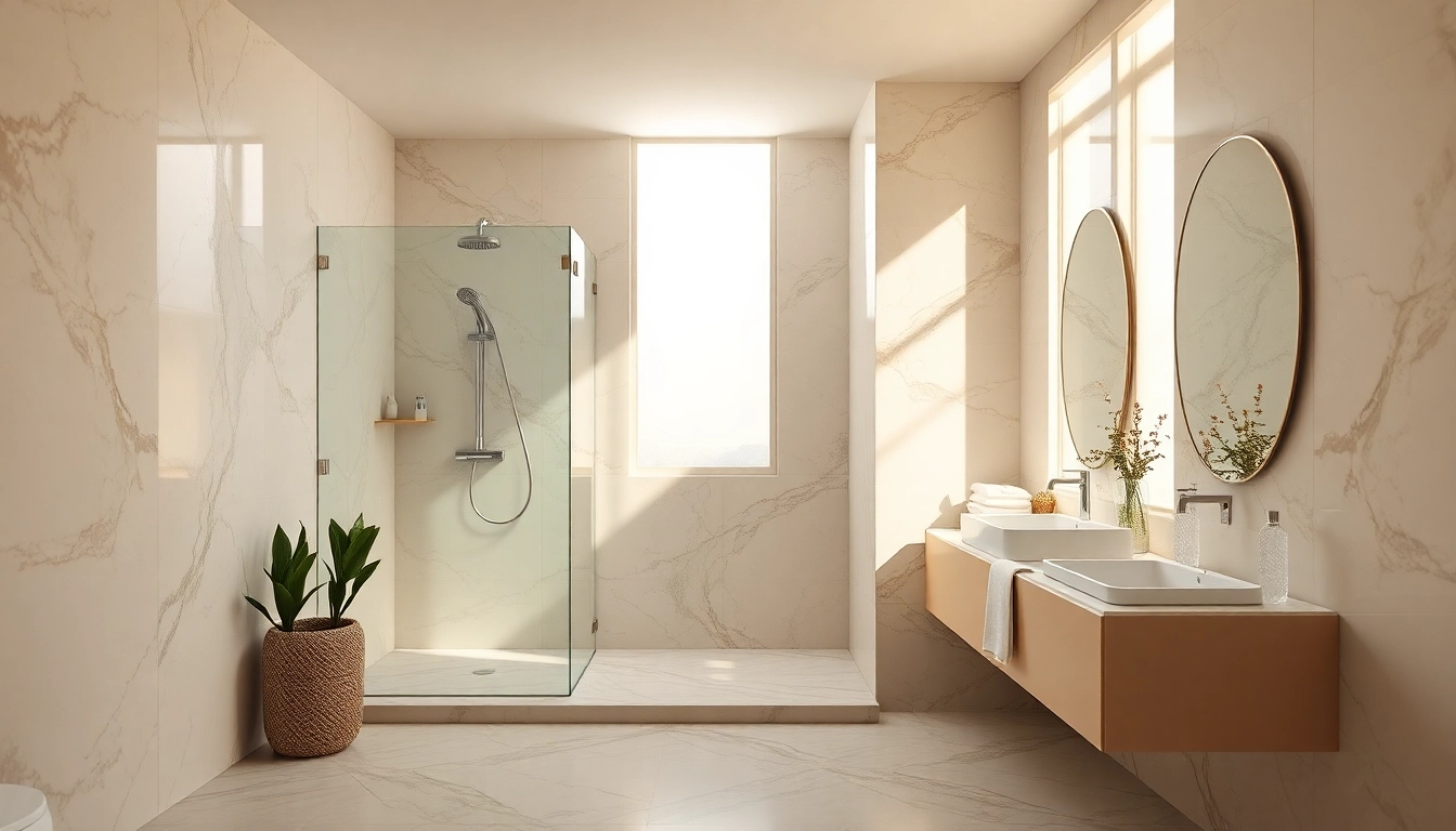 Experience luxury with elegant showers in a modern bathroom setting, featuring chrome fixtures and natural light.