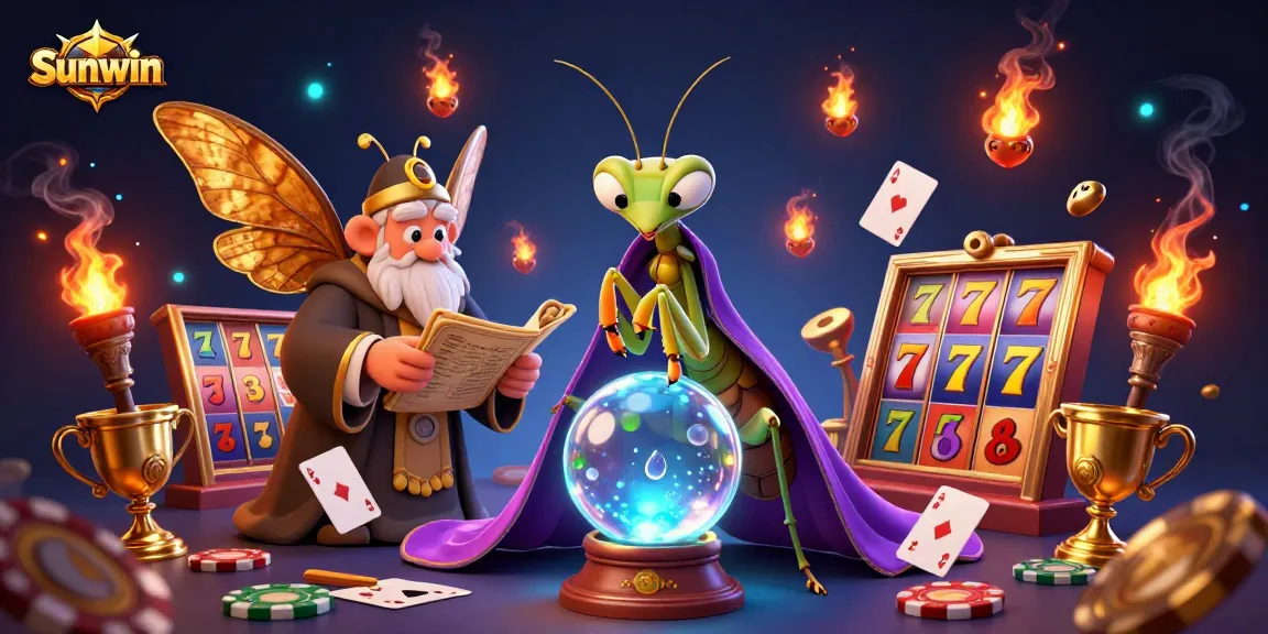 Engage with the vibrant world of Sunwin through this captivating 3D illustration showcasing interactive slot reels, fortune tells, and magical game elements.