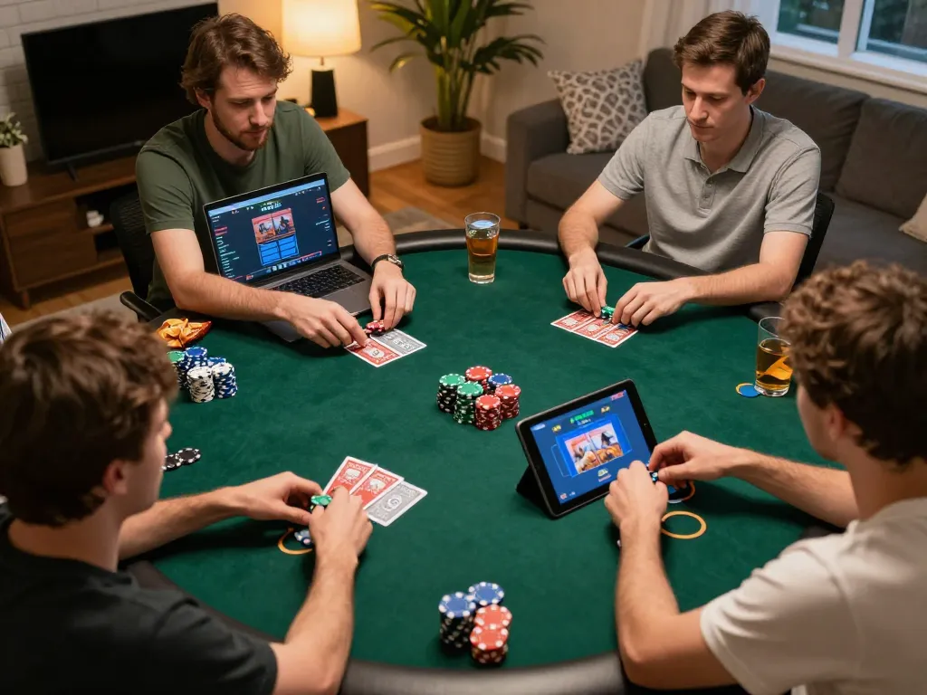 Players strategizing in an online n188 poker game from home, showcasing thrilling gameplay.