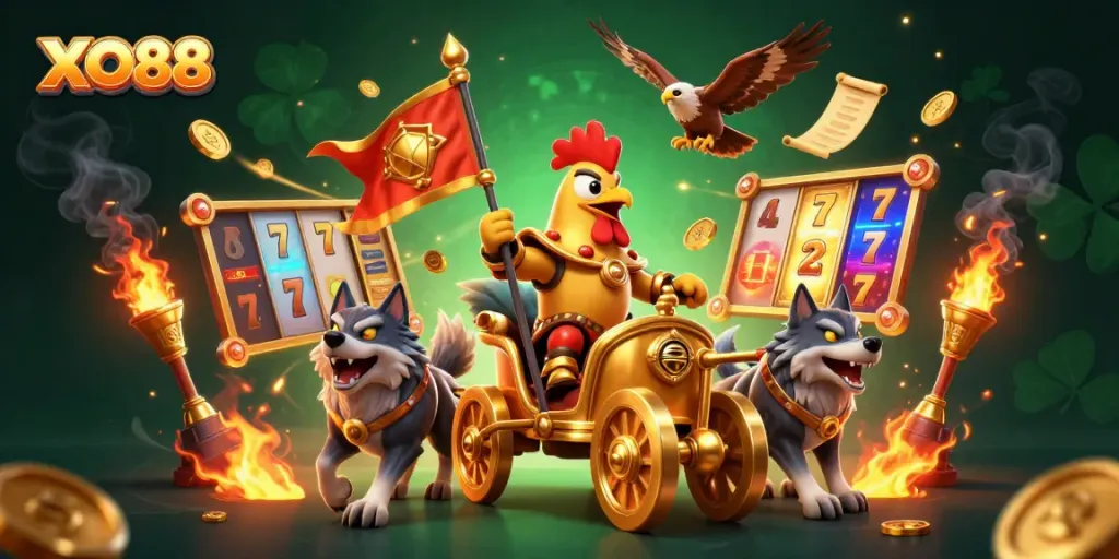Engage with exciting slot games at XO88, featuring dynamic golden elements and thrilling gameplay visuals.