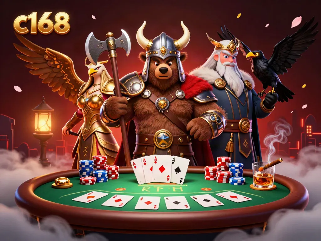 Experience thrilling action in c168 with Viking characters amid a vibrant poker scene.