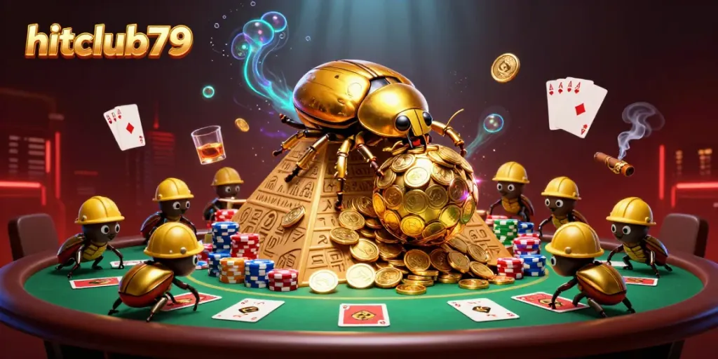 Engage in thrilling gameplay with hitclub79 as golden beetles roll coins in a vibrant casino scene.