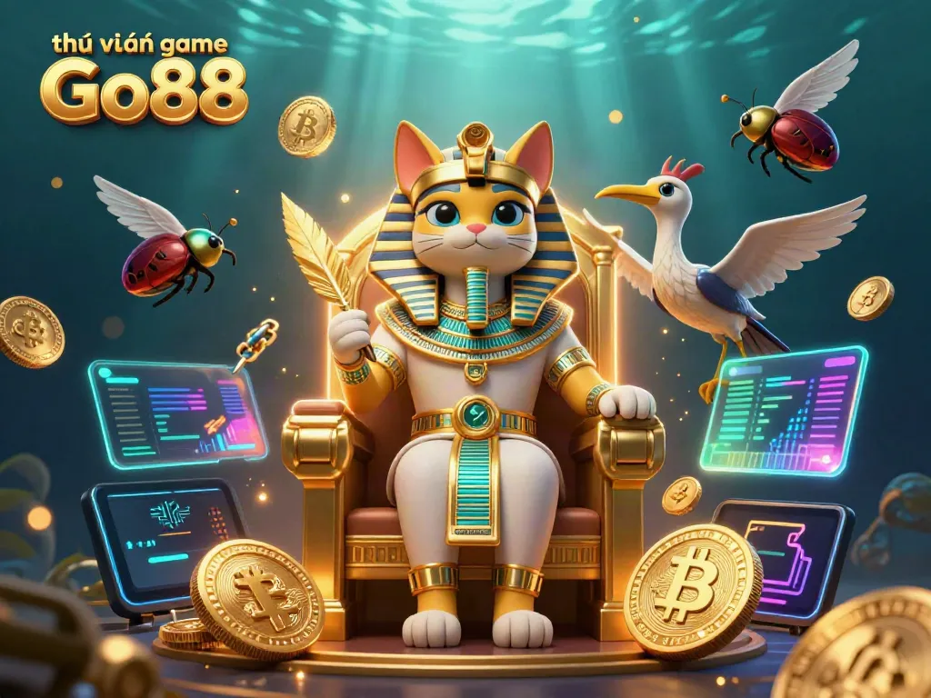 Engage in thrilling experiences at thư viện game Go88 featuring Egyptian characters, glowing crypto coins, and dynamic casino elements.