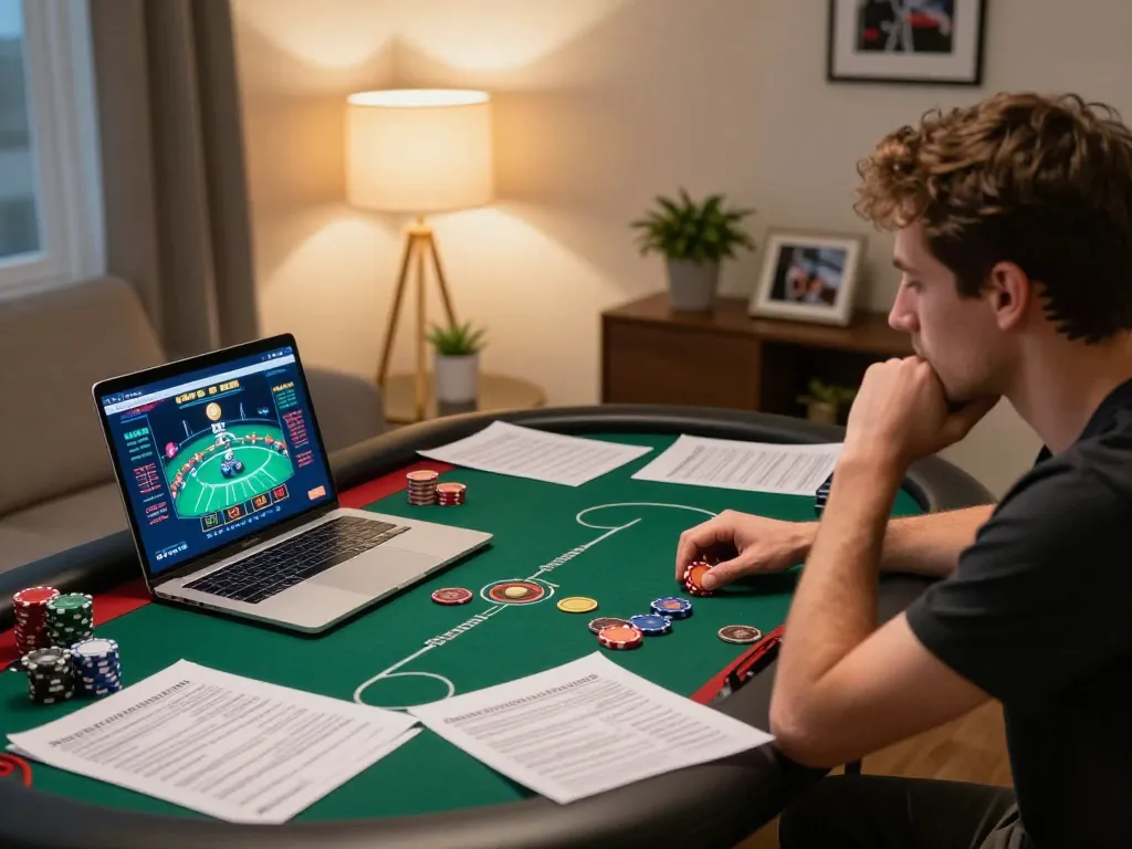 Player enjoying AE 888 online casino gaming while strategizing with notes in a cozy home