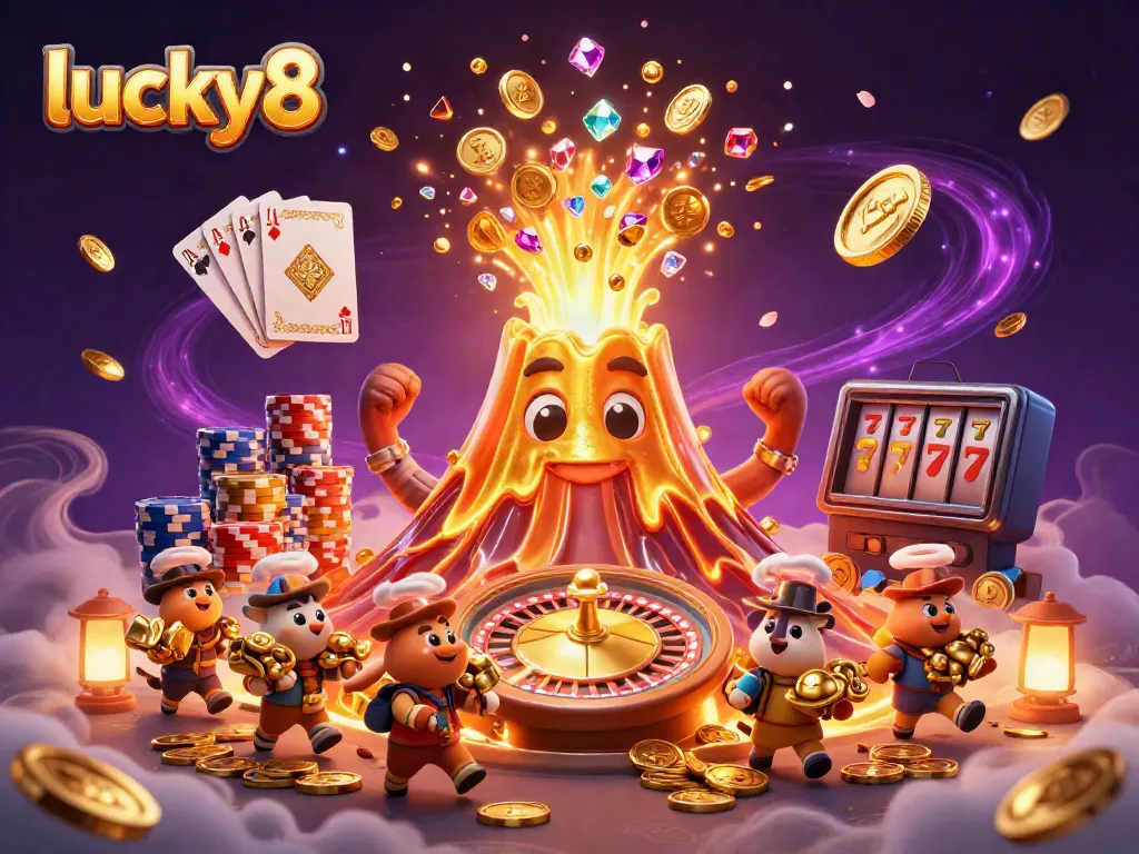 Experience lucky8 jackpots with treasure-filled 3D explosion of coins and gems in a vibrant casino scene.