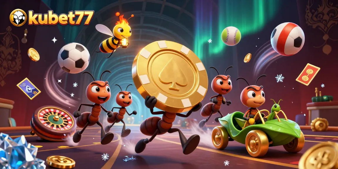 Join the excitement of kubet77 with a 3D cartoon heist featuring ants, a grasshopper driver, and dynamic casino elements.