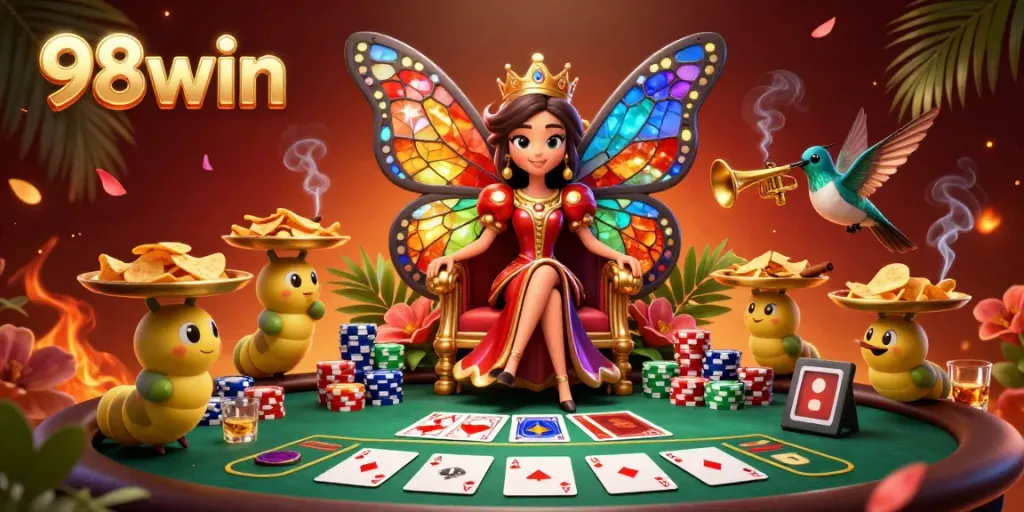 Experience the vibrant world of 98win with a butterfly queen in a dynamic casino scene, highlighting poker elements.