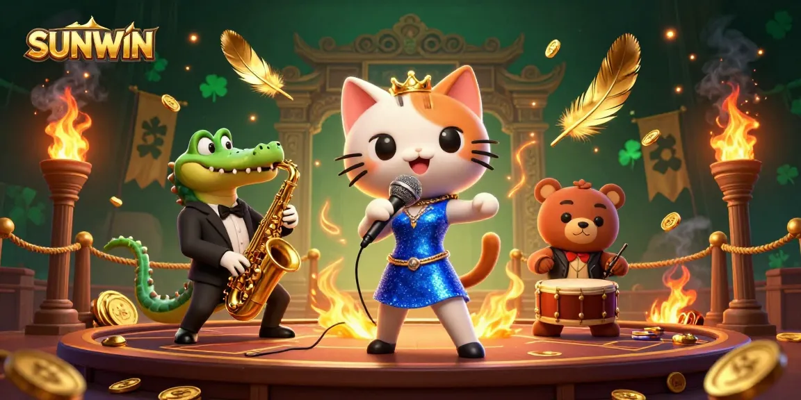 SUNWIN players enjoy an exciting casino atmosphere with vibrant characters and golden decorations