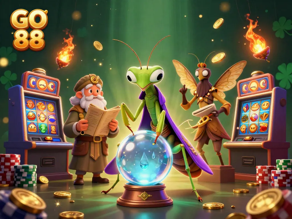 Spin the reels at GO 88 with a mystical fortune teller and wise librarian, surrounded by vibrant casino elements.