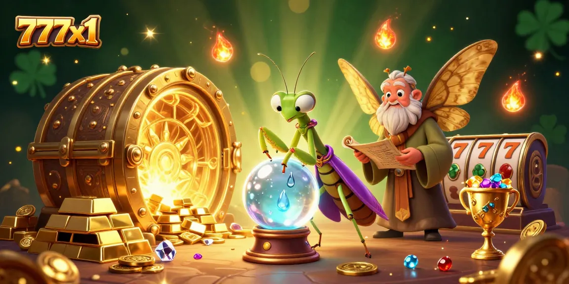Experience thrilling wins at 777x1 with a vibrant 3D illustration of a fortune teller and prizes.