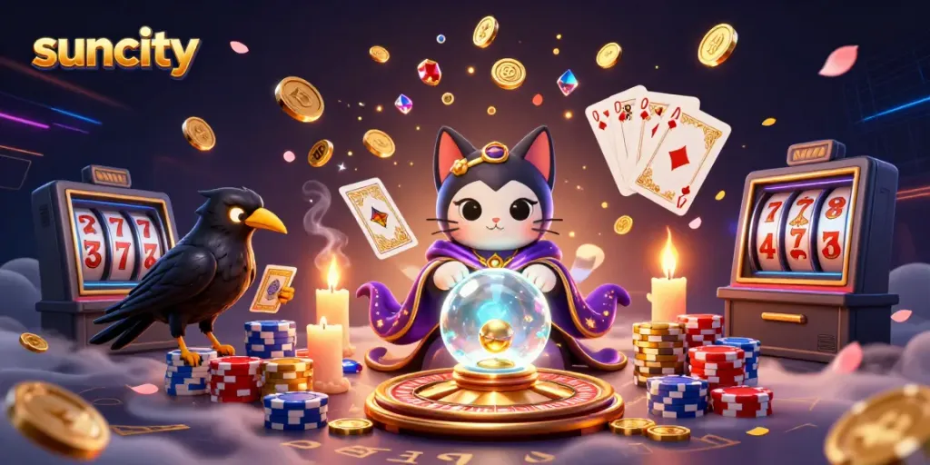 Suncity's vibrant casino scene features a mystical cat, raven, and floating treasures, ideal for gamblers.