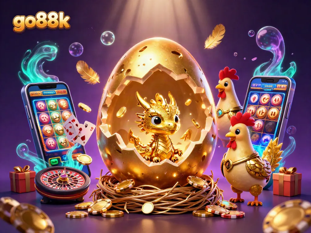 Revel in the magic of go88k as a golden dragon hatches amid poker chips and gaming elements.