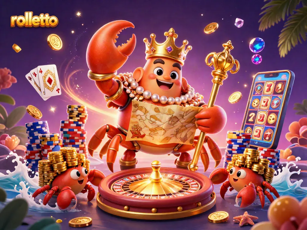 Spin to win with rolletto's festive 3D illustration showcasing a golden crab emperor and vibrant casino elements.