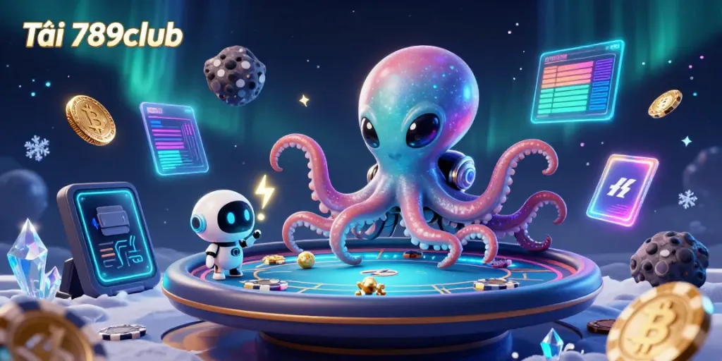 Tải 789club with a vibrant alien scene at a poker table surrounded by crypto elements, attracting players to the game.