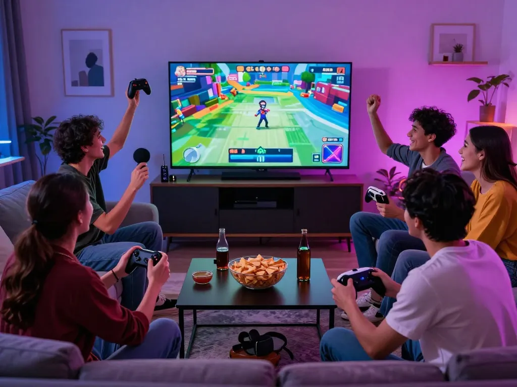 Engaged friends enjoying a gaming night while tải hitclub on their devices.