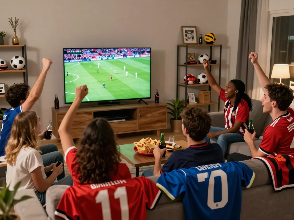 Cheering fans enjoying a live match at https://cakhiatv.design/ with exciting atmosphere and cozy setting.