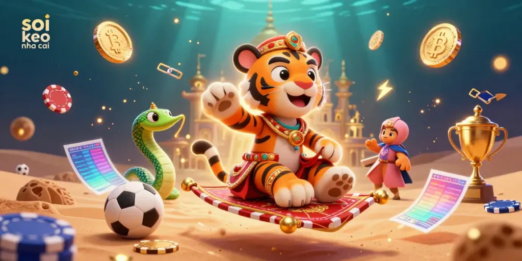 Engage in sports betting with soi keo nha cai, illustrated in a vibrant scene featuring a tiger sultan on a poker chip carpet.