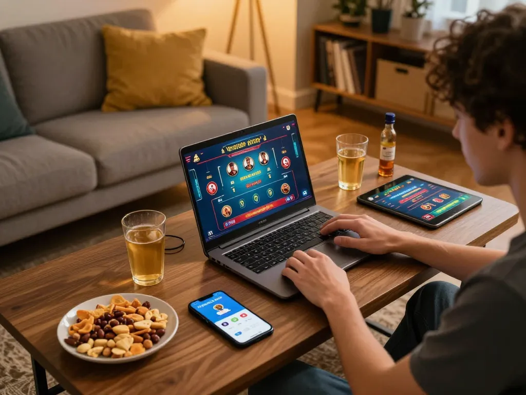Engaging in online gambling with tải hitclub app on laptop, showcasing a cozy home gaming setup.