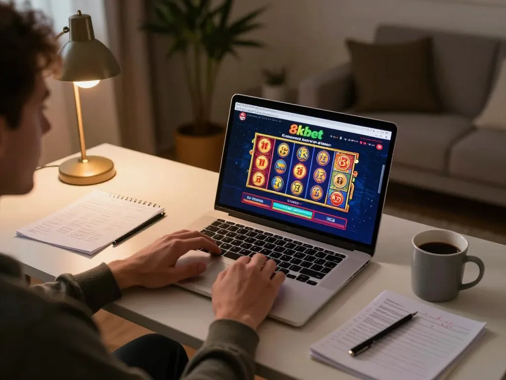 Engaged player using 8kbet online platform for an immersive gaming experience at home